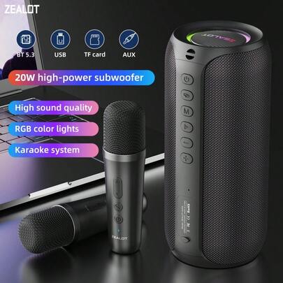  ZEALOT S69M 20W 便携式无线麦克风音箱，强劲低音，3D环绕立体声，360mAh超长续航，兼容智能手机/平板电脑/电视，支持TF/USB/AUX/TWS音频输入，双扬声器可倍增音量，适用于汽车、户外、露营、聚会等多种场合。
