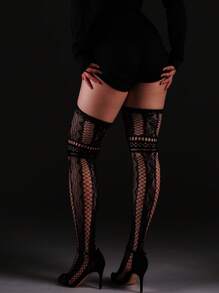 1pc Retro Patterned Curve Tights, High-Stretch Bodycon Pantyhose With Garter Straps & Open Crotch, Sexy Fishnet Black Stockings For Halloween Costume, Women