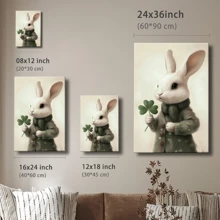 1pc St. Patrick's Day Framed Canvas Wall Art Poster Realism Surrealism Green Neutral A White Rabbit Holding A Four Leaf Clover Wall Art For Living Room Bedroom Bathroom Kitchen Apartment Hotel, Artful Home Decoration - Framed, Vertical