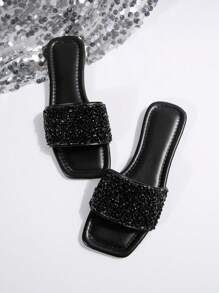 Pearl Rhinestone Embellished Women's Summer Slip-On Sandals, French Style Open Toe Flats, Plus Size 41-42-43, Luxe Beachouse Vacation Wear - Black - View 5