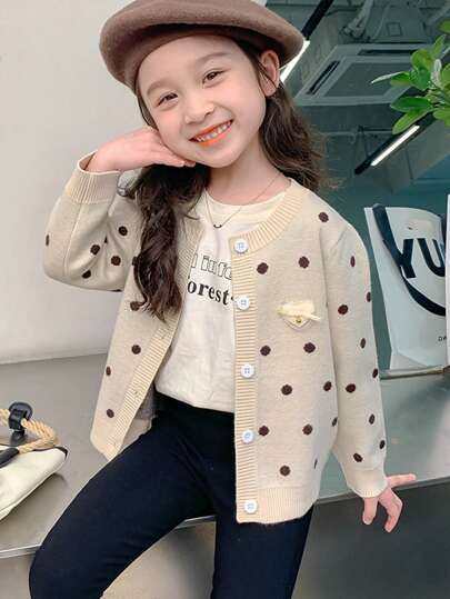 enmi bear Girls' Knit Cardigan With Flocking, Korean Style, Long Sleeve Casual Sweater Outfit For Tween Girl, Autumn/Winter