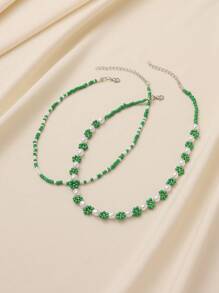 2pcs Bohemian Style Beaded & Pearl Flower Necklace Set For Women, Cute Handmade Jewelry Suitable For Daily Wear & Holiday - Green - View 6