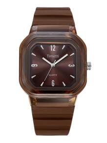 1 件女士休闲实惠方形简约硅胶表带石英腕表，适合日常佩戴 - 棕色 - 查看 4