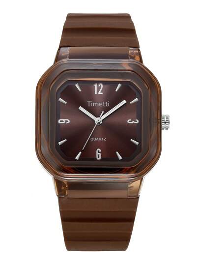 1pc Women Af dable Square Minimalist Silicone Strap Quartz Wrist Watch, Wear view 4