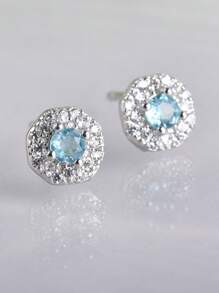 ITSMOS Topaz Earrings Blue Ear Studs Crystal Tiny Diamond Natural Gemstone Round Halo Earrings For Women Mother Gift