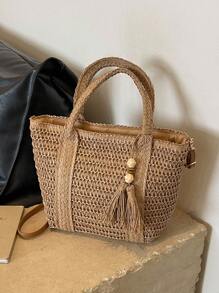 1pc Holiday Straw Shoulder Bag, Fashionable Woven Beach/Picnic Tote Bag With Tassel Decor, Casual Handmade Woven Bag Suitable For Gifts, Perfectly Matching With Vacation Outfits Women - Khaki - View 5
