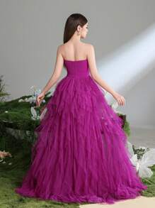 Teen Girl Elegant Strapless Party Prom Dress With Multi-Layer Mesh Hem - Hot Pink - View 3