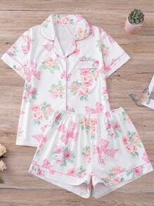 2 pezzi pigiama da donna con stampa a fiocco e rosa, top con collo a risvolto e maniche corte, pantaloncini larghi con elastico, pigiama casual per tutte le stagioni, set da 2 pezzi