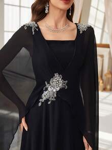 SUPGIR Đầm dạ hội trang trọng thanh lịch cổ vuông dài tay đính hạt sequin sang trọng eo hẹp cho nữ - màu đen - Xem 3