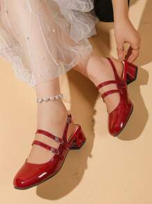 2025 New Red High Heels With Rear Strap, Niche Square Toe Ballerina Shoes, Thick Heel Low Heel Low Vamp Flats, French Retro Patent Leather Little Red Shoes