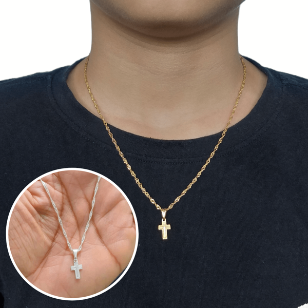 Cordão Colar Corrente Infantil Folheado A Ouro 18k Prata 925 Pingente Mini Cruz