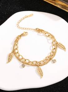 1 件时尚优雅的几何叶形亮片和羽毛装饰链手链，适合节日佩戴 - 金色 - 查看 4