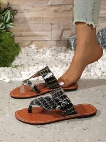 Chanclas de verano 2025 para mujer talla grande, sandalias de piso con costura de unicolor y cuadrícula