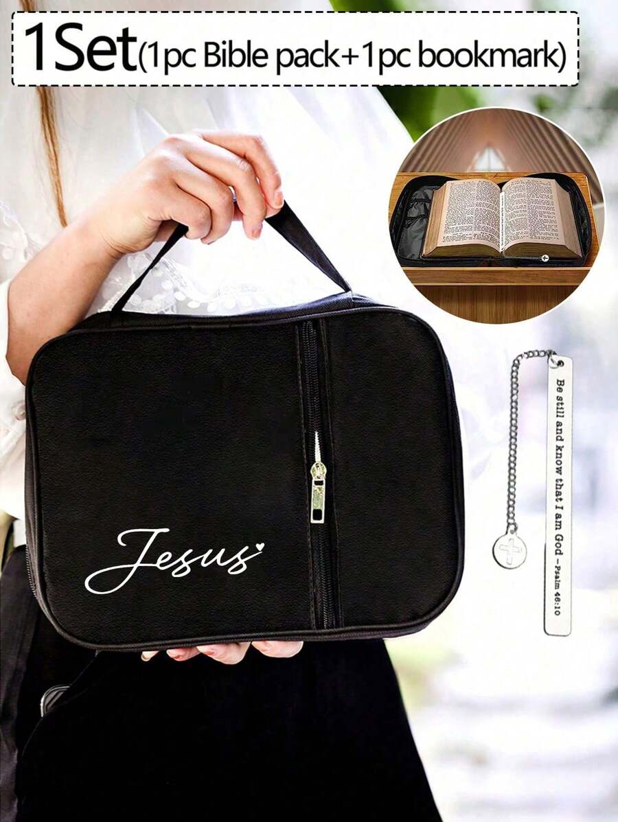 1/2Pcs/Set Black Fashionable Simple Printed Handbag Andcross Bookmark,Bible Storage Bag,Suitable Protective Case For Books And Notebooks Travel Essentials Travel Accessories Storage Bag, For Students Daily Use - Multicolor - View 1
