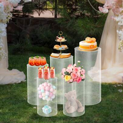 Shangmakel 5pcs Transparent Acrylic Cylinder Display Stands, Wedding Dessert Display Table, Round Pillar High-End Display Stand, White Cylinder Modular Decorative Table