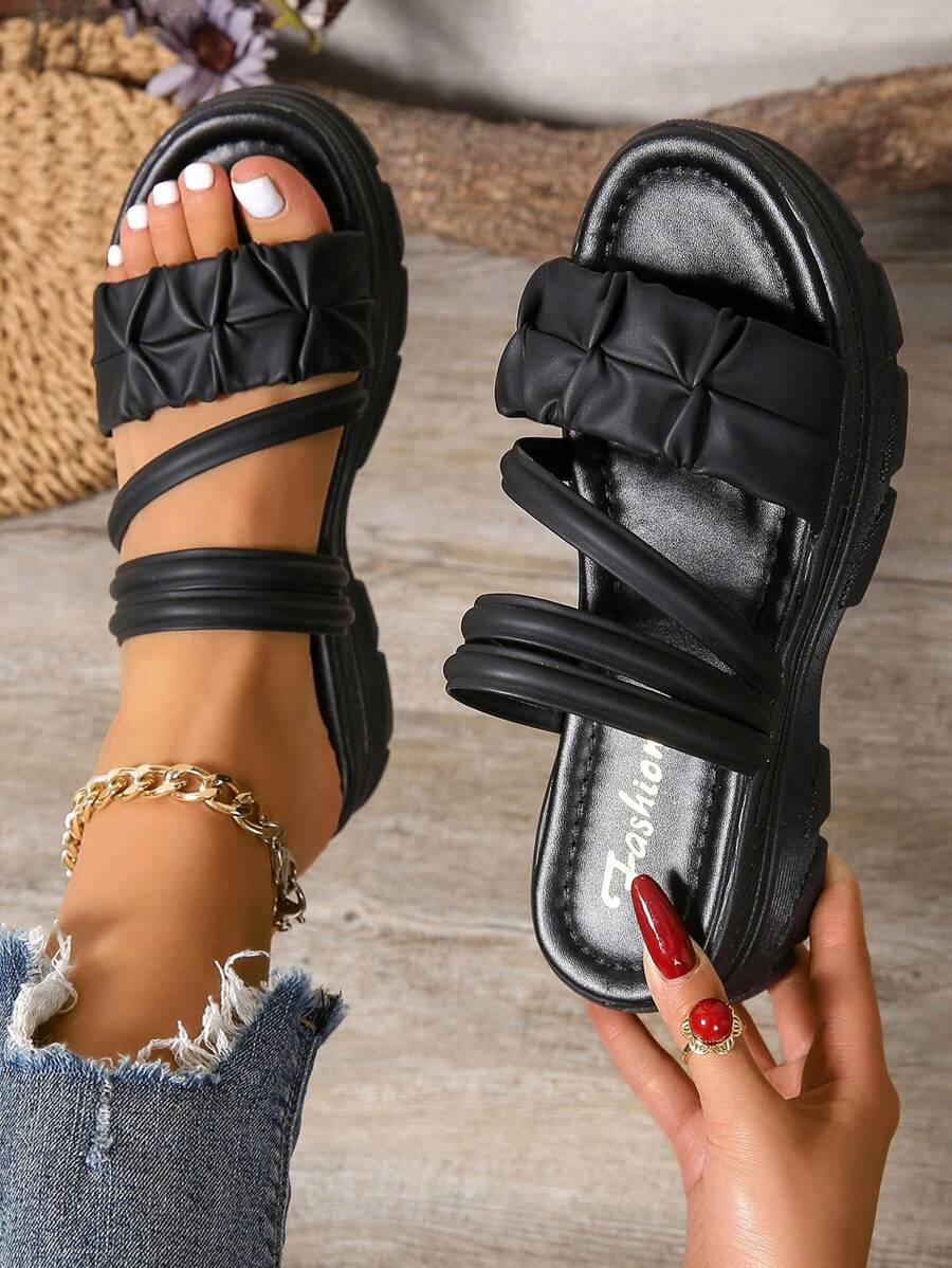 Women's Solid Color Strap Open Toe Comfortable Soft Bottom Fashionable Outdoor Platform Thick Bottom Casual Non-Slip Daily Walking Mule Sandals