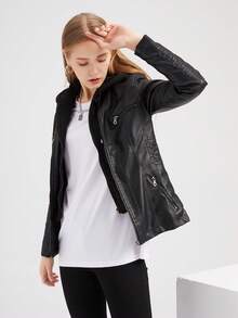 女式休闲连帽拉链皮夹克，带可拆卸兜帽，仿皮外套