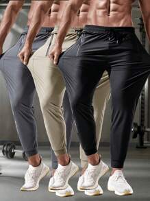 夏季 1 件速干舒适冰丝运动裤，男友款男士休闲跑步裤，拉链口袋，高弹力腰带带抽绳，适合夏季健身房锻炼、训练健身、透气速干裤、基本款运动裤、户外运动