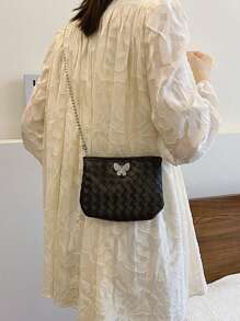 2025 New Fashion Woven Butterfly Decor Shoulder Handbag, Chic Small Square Crossbody Bag For Women