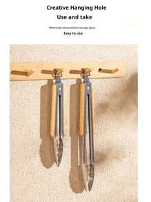 1 Set Stainless Steel & Wooden Food Tongs, Korean BBQ Grill Tongs, Wooden Handle Steak Tongs, Extra Long BBQ Tongs, Suitable For Home & Outdoor Use