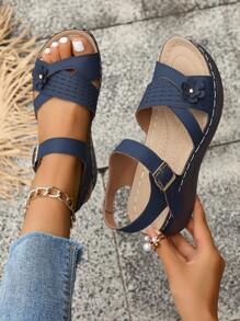 Dép quai vuông vàng trang trí hoa mùa hè mới cho nữ, thời trang thanh lịch, giản dị, thoải mái, thoáng khí, du lịch, bãi biển, dép đế xuồng đế dày hở mũi, thiết kế rỗng đan chéo - Xanh đậm - Xem 3