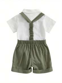 0-18M Baby Boy Gentleman Outfit Solid Color Short Sleeve Lapel Neck Romper With Suspender Shorts And Bowtie 3 Pcs Set - 軍綠色 - 查看 3