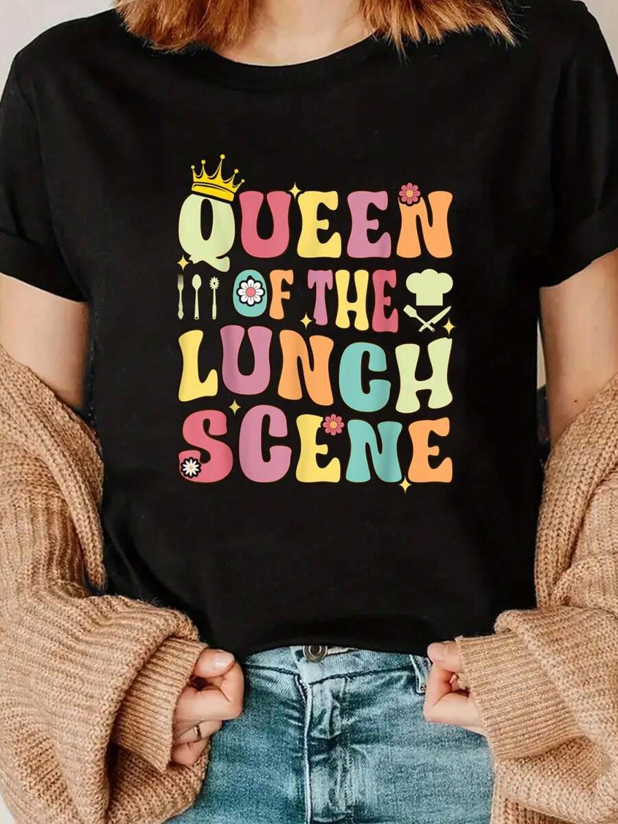 Queen Of The Lunch Scene Groovy Cafeteria Worker Lunch Lady T-Shirt - Black - View 1