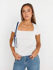 Women's Square Neck Tops Short Sleeve Crop Tops Workout Summer Clothes Casual Slim Fit T-Shirts - trắng - Xem 3