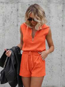 Womens Casual Sleeveless Romper Summer Half Zip Lapel Collar Drawstring Knit Jumpsuit With Pockets - Orange - View 2