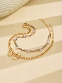 2pcs/Set Versatile Alloy Metal Bowknot & Faux Pearl Rhinestone Accented Anklet, Suitable For Women Everyday Wear, Beach, Party