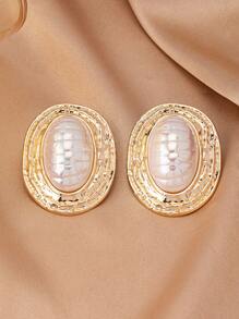 1 Pair Geometric Textured Oval Shape Inlaid Oval Pearl Dangle Earrings, Retro Elegant And Charming Women Earrings - Yellow Gold - View 4