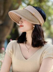 1pc Women's Summer Straw Buttoned Detachable Top Sun Hat, Minimalist Versatile Bucket Hat, Face-Shielding, Suitable For Daily Outing, Cycling, Vacation - A - View 5