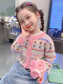 enmi bear Girls' Knitted Cardigan, Fashionable Baby Korean Style, Young Girl Winter Warm Fleece Jacket