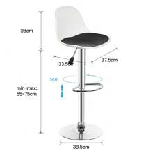 Lot de 2 tabourets de bar, tabouret de bar rembourré avec structure en acier, dossier, chaises de cuisine réglables en hauteur avec repose-pieds, tabouret de comptoir rotatif à 360° pour cuisine, salon, salle à manger - Blanc+Noir - Voir 3