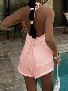 Unadoll Women's Sexy Casual V-Neck Backless Tie-Up Top And Elastic Shorts 2-Piece Set, Suitable For Home, Beach, Date, Music Festival, Valentine's Day And Other Occasions Pink Elegant - Pink - View 10