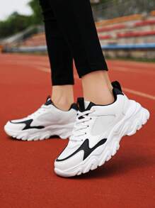 女士厚底休闲运动厚底运动鞋，皮革与网布组合透气轻便软底减震休闲运动鞋，韩版时尚