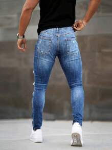 Men's Distressed Patch Stretch Slim Fit Jeans - Medium Wash - View 2