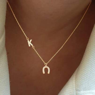 1pc New Minimalist Letter & Horseshoe Pendant Necklace, Stainless Steel Chain, Women