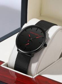 1 件 HANNAH 时尚黑色不锈钢网状表带防水男士手表，中心小秒针商务石英男士手表，适合日常商务会议和派对场合 - 黑色 - 查看 11