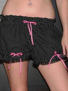 Women's Puffy Shorts Dot Pattern Bow Design Ruffled Low Rise Ruffle Shorts For Summer Vacation - Black - View 6