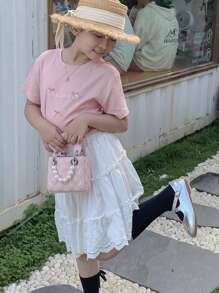 New Embroidered Pearl Chain Handbag Shoulder Bag Phone Mini Square Purse - A - View 7