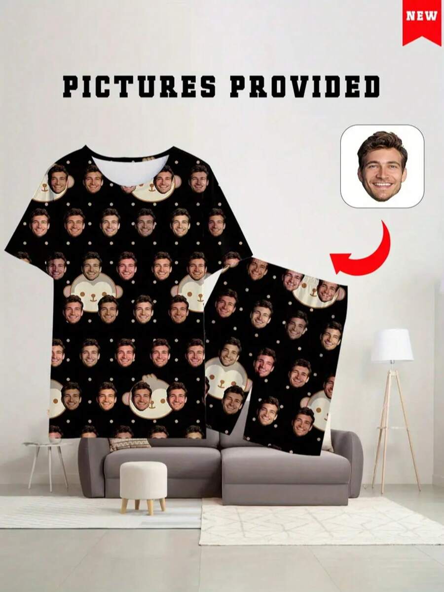 Spring New Men's Custom Pajamas Set, Round Neck Pullover Shirt And Shorts, Simple Personalized Comfortable Homewear - Multicolor - View 1