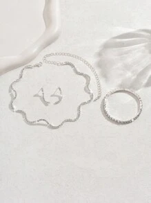 3 件几何铜新娘水钻项链、耳环和手链套装、婚礼派对礼服配饰