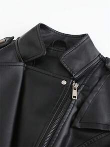 Women's Fashion Black PU Leather Motorcycle Jacket, Lapel Collar, Full Zip And Pockets, Short Length Long Sleeve, Suitable For Autumn And Spring - Black - View 9