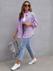 Ladies Single-Breasted Drop Shoulder Long Sleeve Denim Blouse - Mauve Purple - View 3
