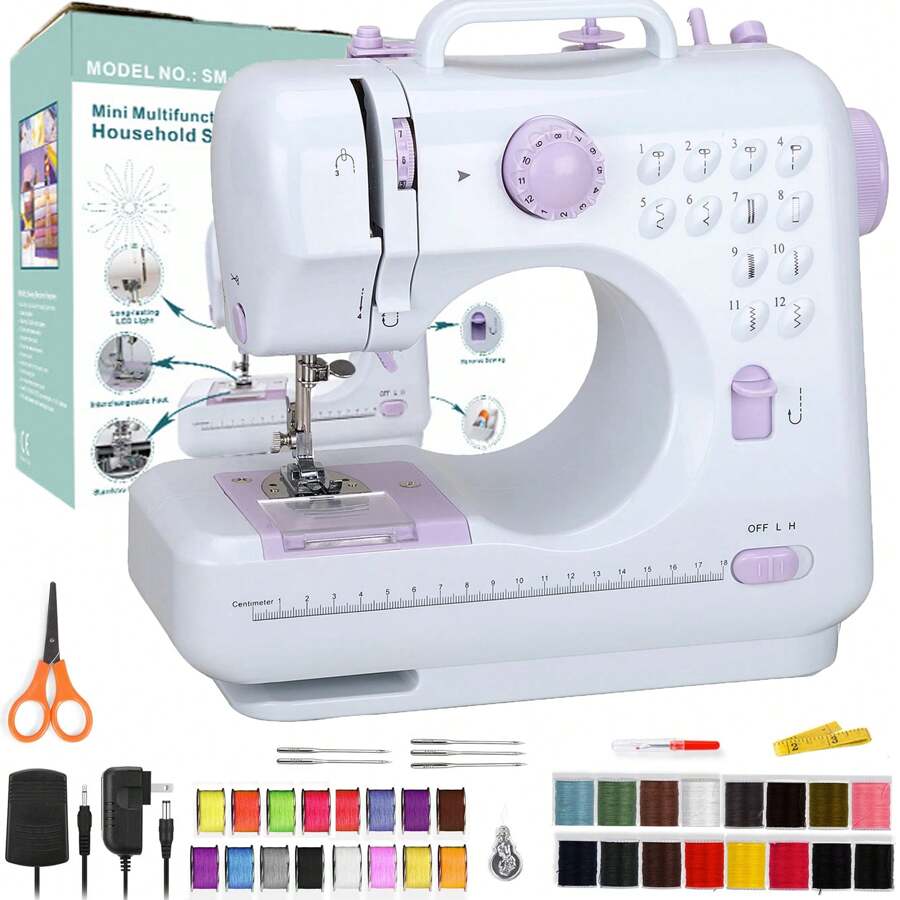 Sewing Machine, Portable Handheld Sewing Machine 12 Types Of Stitches With Gadget Set, Dual-Use Electric Foot Pedal, Button Sewing, Zipper, Mini Sewing Machines - White - View 1