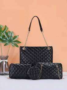 时尚黑色菱形包包套装！包括手提包和带链条的斜挎包，用途广泛，适合各种场合！ - 黑色 - 查看 5