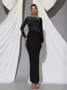 Modphy New Black Sexy Pleated Heavy Pearl Decorated Long Sleeve Fitted Long Tube Dress Wedding Party Evening Gown - Black - View 1
