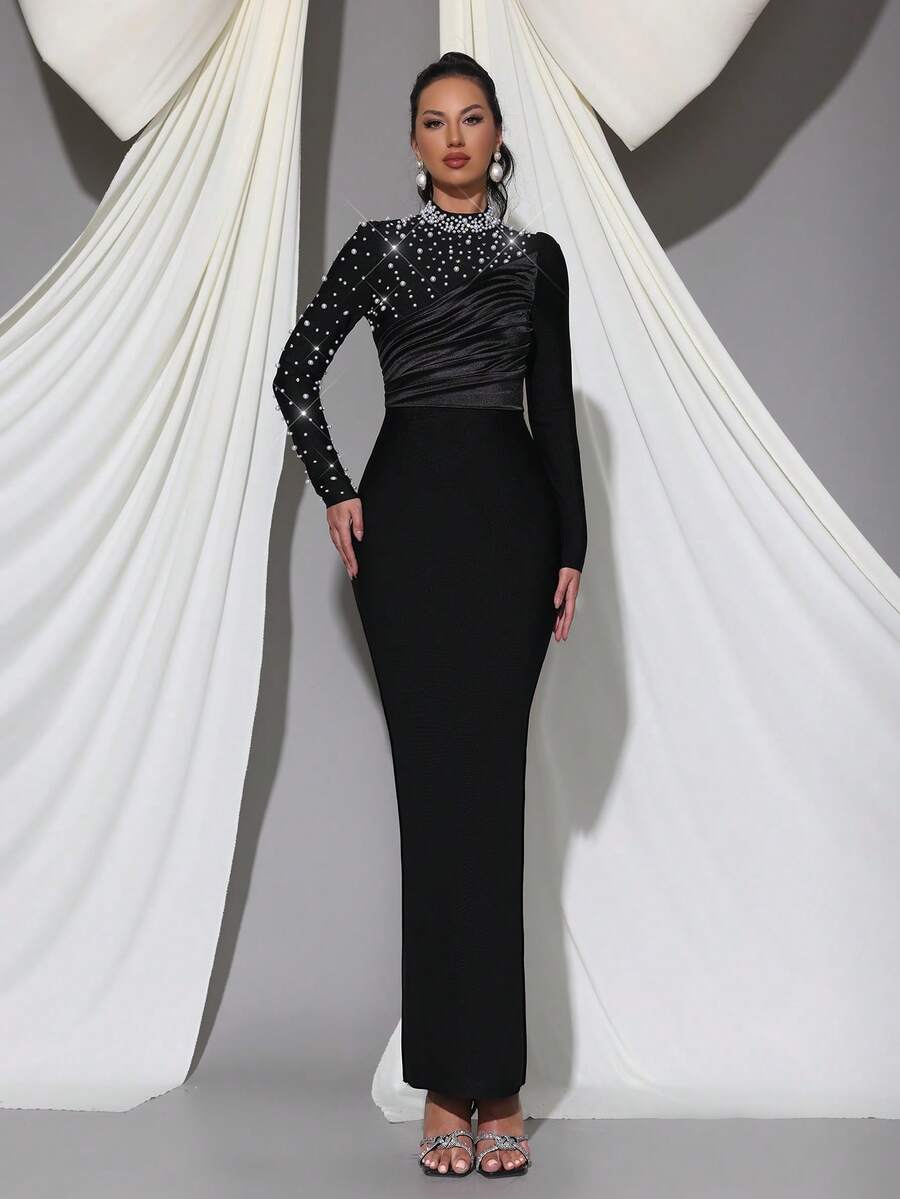Modphy New Black Sexy Pleated Heavy Pearl Decorated Long Sleeve Fitted Long Tube Dress Wedding Party Evening Gown - Black - View 1