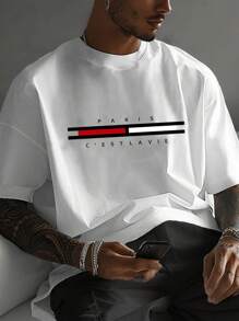 男士休闲条纹巴黎字母印花短袖 T 恤 - 白色 - 查看 2